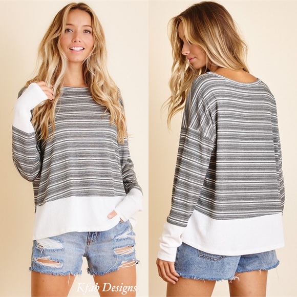 LAST 1! Fun, Casual Black and White Stripe Top with Contrast! - Picture 3 of 5